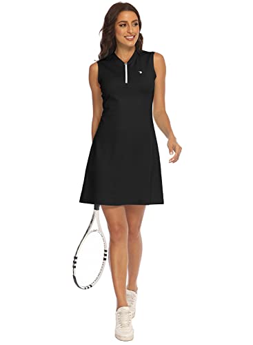 BGOWATU Women's Tennis Dress Sleeveless Golf Polo Dress Lightweight Sports Activewear Dress Zip Up Black S