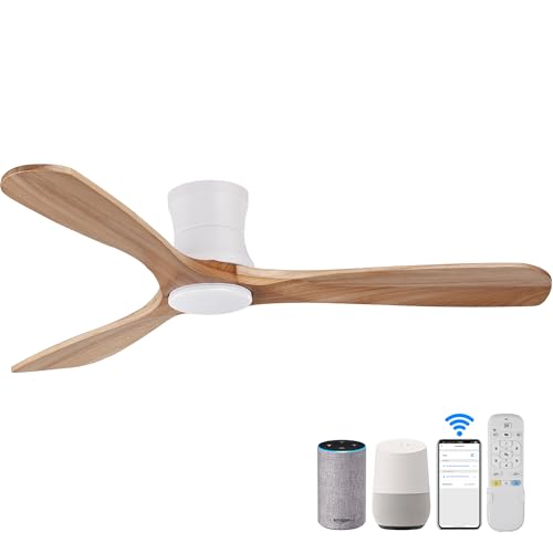 Livory Smart 52” Wood Flush Mount Ceiling Fans with Lights and Remote,Quiet DC Motor,Outdoor Indoor Ultra Low Profile Ceiling Fan works with Alexa WIFI APP,Modern White Ceiling Fan for Bedroom Patio