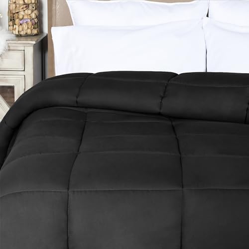 Superior Brushed Microfiber Solid Comforter, Down Alternative Bedding, Reversible, Medium Weight, Fluffy, Decorative, Duvet Insert, Oversized Blanket, Box Quilt Design, King, Black