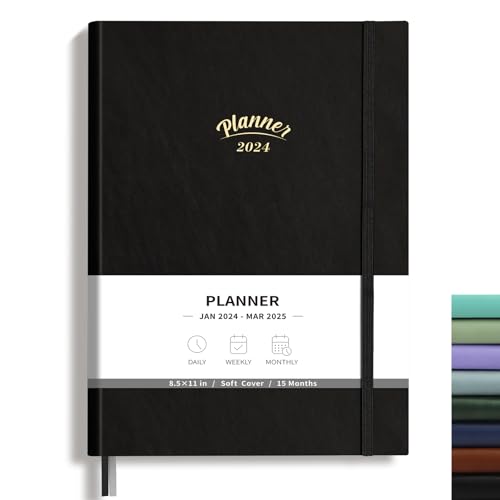 RETTACY 2024 Planner - Calendar 2024 Planner, Planner 2024-2025 Daily Weekly and Monthly, Jan 2024 - Mar 2025, 100 GSM Premium Acid-Free Paper, Leather Softcover, 8.5" × 11" (Black)