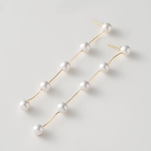 SWEETV 14K Gold Plated Long Pearl Drop Dangle Earrings for Women, Tassel Chain Baroque Pearl Wedding Bridal Earrings for Brides Bridesmaids, Prom Jewelry Gifts