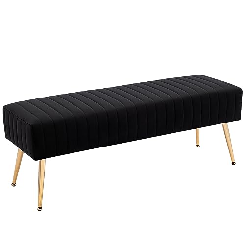 Furnimart 44 Inch Bedroom Ottoman Bench, Black Upholstered End of Bed Bench with Gold Legs for Living Room Bedroom Dinning Room Entryway, Black
