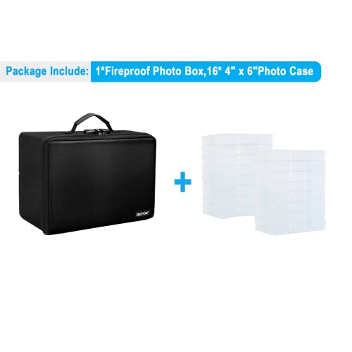 ENGPOW Fireproof Photo Storage Box with 16 Inner 4" x 6" Photo Case(Clear),Photo Box Organizer with Lock,Collapsible Portable Photo Storage Containers with Handle for Photos,Picture,Valuables