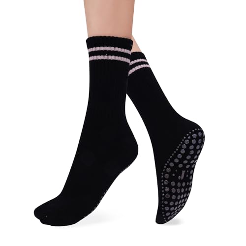 JUCHYDii Yoga Socks with Grips for Women, Non Slip Grip Socks for Pilates, Barre, Dance, Ballet, Workouts (Black/Grey-X2P)