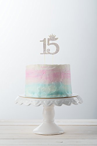 Number 15 Quinceanera Rhinestone Princess Crown Monogram Cake Topper - Sweet 15th Birthday Party (Gold)