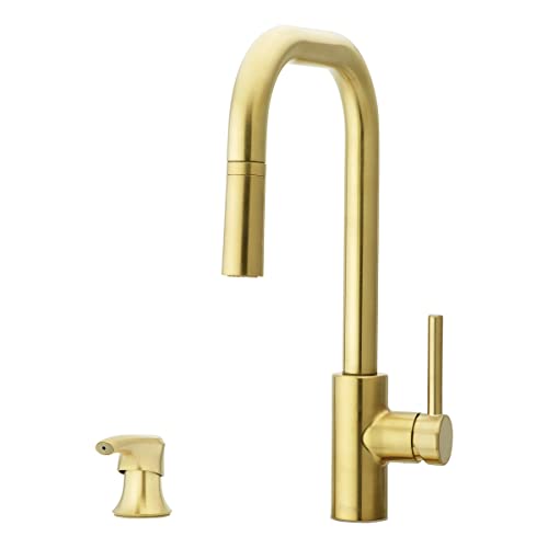 Pfister Zanna Kitchen Faucet with Pull Down Sprayer and Soap Dispenser, Single Handle, High Arc, Brushed Gold Finish, F5297ZNRBG