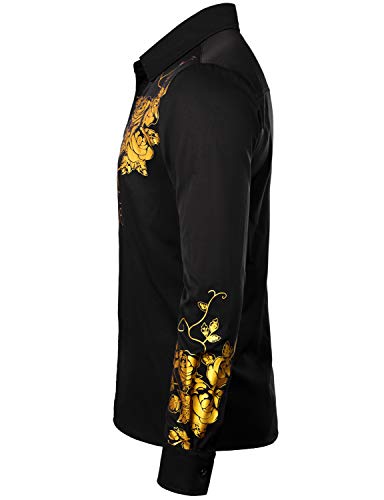 ZEROYAA Men's Hipster Rose Floral Printed Slim Fit Long Sleeve Button Up Party Dress Shirts ZZCL63 Black Pink Medium