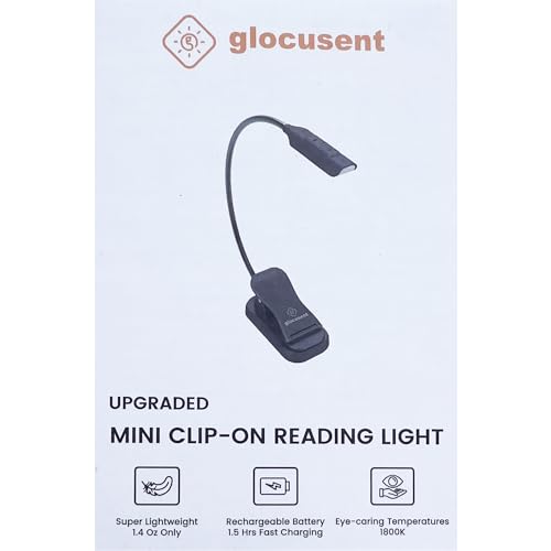 Glocusent Willow Book Light, 10LED, 3 Colors & 3 Brightness, Rechargeable, Lightweight, Clip on, Modern Design, Pure White, ABS Material, USB-C, 80hr Runtime, Ideal for Book Lovers
