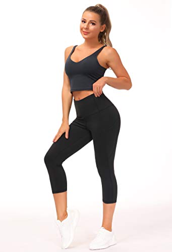 THE GYM PEOPLE Thick High Waist Capris Yoga Pants with Pockets, Tummy Control Workout Running Yoga Leggings for Women Grey Blue