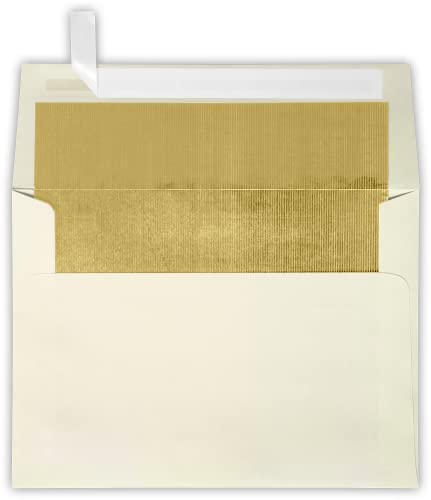 LUXPaper A7 Foil Lined Invitation Envelopes | Peel & Press | 5 1/4" x 7 1/4" | Natural w/Gold LUX Lining | 70lb. Text | 50 Qty