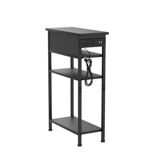 AMHANCIBLE Narrow Side Table with Charging Station, End Table for Small Spaces, Skinny Nightstand with Storage Shelf, Narrow End Table with USB Ports, Black HETN04BK