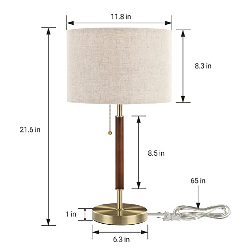 EDISHINE Mid Century Table Lamp, Bedside Lamp with Pull Chain Switch, Solid Wood & Metal Pole, Modern Nightstand Table Lamp for Living Room, Bedroom, Office, Frosted Bronze & Wood Finish