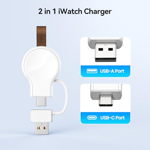 NEWDERY Portable Charger for Apple Watch, Fast Wireless Charging USB C&USB A Magnetic iWatch Travel Charger for Apple Watch Ultra2/1 Series 9 8 7 6 5 4 3 2 1 SE, White