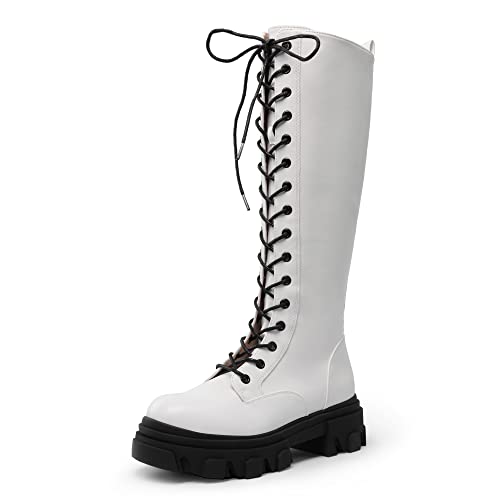 DREAM PAIRS Knee High Boots Women, Fashion Combat Boots Chunky Platform Lace Up Lug Sole Boots for Women,Size 10,White/PU,SDKB221W