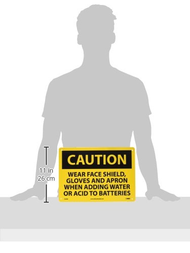 NMC C648RB OSHA Sign, Legend "CAUTION - WEAR FACE SHIELD, GLOVES AND APRON WHEN ADDING WATER OR ACID TO BATTERIES", 14" Length x 10" Height, Rigid Plastic, Black on Yellow