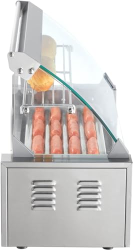 VEVOR Hot Dog Roller, 12 Hot Dog Capacity 5 Rollers, 750W Stainless Steel Cook Warmer Machine with Cover & Dual Temp Control, LED Light & Detachable Drip Tray, Sausage Grill Cooker