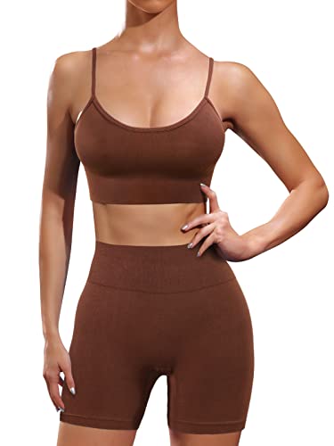 Ourgifts Workout Sets for Women 2 Piece Outfits Seamless High Waisted Workout Shorts Women with Sports Bra Sets Gym Clothes (Our10S-Coffee)