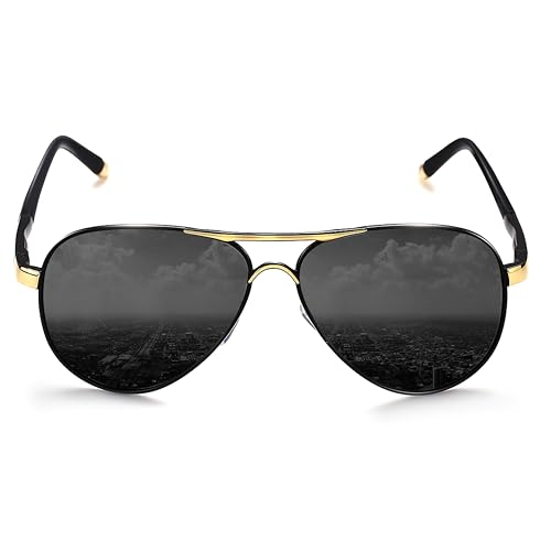 ROCKNIGHT Aviator Sunglasses for Men Polarized UV Protection Metal Frame Flat Top Sunglasses Black Grey Lens Lightweight Outdoors