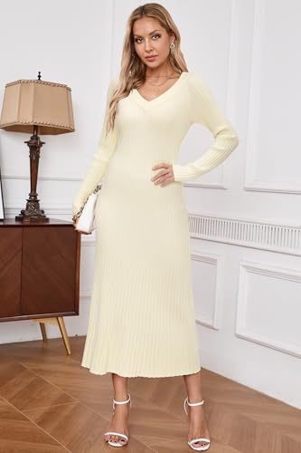 Arach&Cloz 2024 Fall Womens V Neck Long Sleeve Sweater Dress Ribbed Knit Slim Fit Midi Maxi Dress Fashion Clothes Beige Cream Apricot