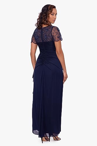 Xscape Women's Long Beaded Sequin Illusion Neckline Jersey Dress (Reg and Petite), Navy