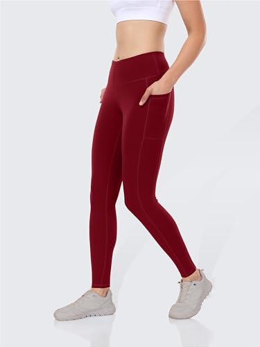 IBL Women's Thermal Leggings Compression Pants with Pockets Matte Finish Moisture Wicking 27 ins Wine Red Small