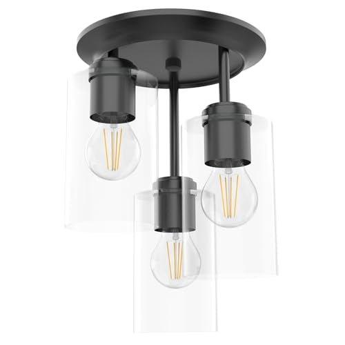 3-Light Semi Flush Mount Ceiling Light, Close to Ceiling Light Fixture with Clear Glass Shades, Modern Hallway Lighting Fixtures for Bedroom, Kitchen, Foyer Entryway with E26 Socket(Bulb Not Included)