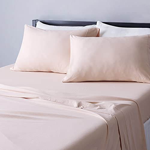 Amazon Basics 4 Piece Bed Sheets Set, 100% Cotton Jersey, Includes Super Soft, Flat and Fitted Sheets, Pillowcase, Queen, Blush, Solid