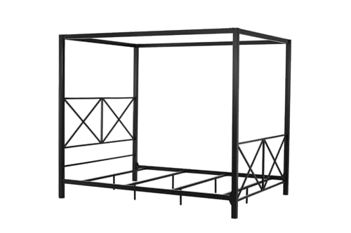 DHP Rosedale Metal Canopy Bed Frame with Four Poster Design and Geometric Accented Headboard and Footboard, Underbed Storage Space, Queen, Black