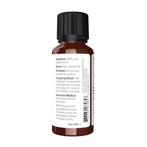 NOW Essential Oils, Peppermint Oil, Invigorating Aromatherapy Scent, Steam Distilled, 100% Pure, Vegan, Child Resistant Cap, 1-Ounce