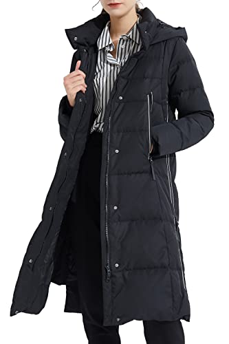 Orolay Women's Thickened Long Down Jacket Winter Down Coat Hooded Puffer Jacket with Side Zipper Pirate Black XS