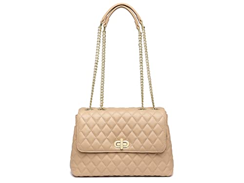ER.Roulour Chain Shoulder Bag, Quilted Purses for Women, Medium Flap Turnlock Vegan Leather Handbag