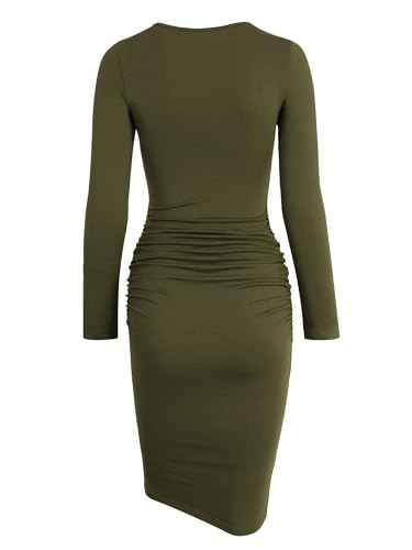 Missufe Long Sleeve Ruched Casual Sundress Women's Bodycon Sheath Knee Length Dresses (Camel, Small)