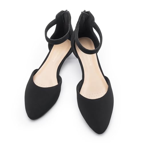 Cusolemore Women's Closed Toe Flat Shoes with Ankle Strap, Black Flats for Women, Pointed Toe Dress Shoes with Low Wedge Heel Size 6.5