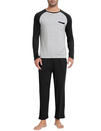 MoFiz Men's Pajama Set Long Sleeve Crew Neck Shirts Bottom Pants Modal Soft & Comfortable Sleeping Well Made Light Weight Jammies Suit (B-Black,M)