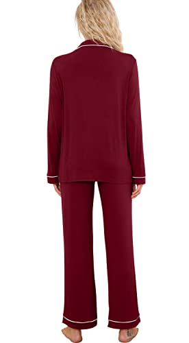 PrinStory Women's Pajamas Set Long Sleeve Sleepwear Casual Loungewear Soft Button Down Pjs Set with Pockets Wine Red-Small