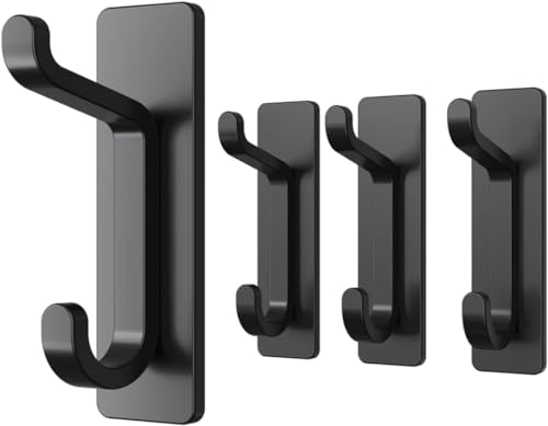 pickpiff Door Hook, Extra Sticky 10LB (Max), Stainless Holder for Hanging Towel, Coat, Cloth, Purse, Hat, Key, Black Wall Mounted Self-Adhesive Hanger for Shower Kitchen Bathroom Heavy Duty