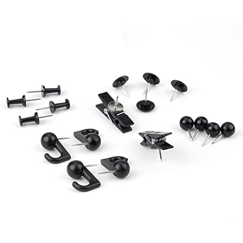 Black Push Pins Set, 5 Styles 140-count Thumb Tacks Map Pins, Steel Point and Dark Plastic Head Pushpins Black Thumbtacks for Cork Board Bulletin Boards (Black-140pcs)