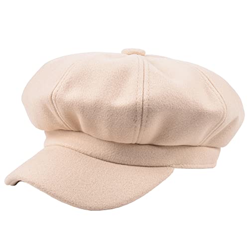 Womens Wool Fashion All-Match Autumn Newsboy Hat, Classic Spring Visor Beret, Ladies Winter Felt Retro Cabbie Cap (Beige)