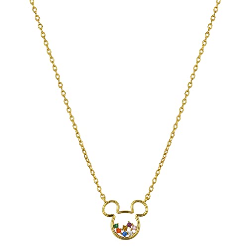 Amazon Essentials Disney 14Kt Gold Flash-Plated Multi-Color Cubic Zirconia Mickey Mouse Pendant Necklace, Gold, 16" + 2" Extender