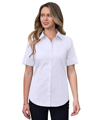 siliteelon Short Sleeve Button Dress Shirts for Women Cotton Button Down Shirts for Women Slim Fit Blouse Top 3/4 Sleeve Royal Blue