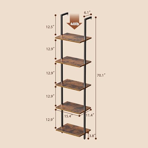 SUPERJARE 5 Tier Bookshelf, Narrow Book Shelf with Open Display Shelves, Small Bookcase with Metal Frame for Bedroom, Living Room, Rustic Brown
