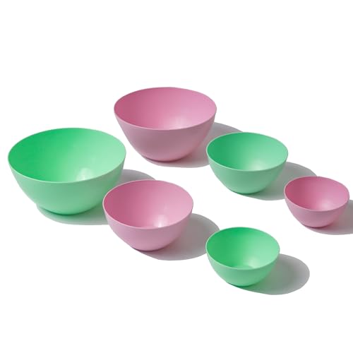 Plastic Bowls for Serving and Mixing - 6 PCs - Reusable Snack Cereal Salad Bowl - Microwaveable and Dishwasher Safe Small Nesting Chip Camping Outdoor - Pink/Green