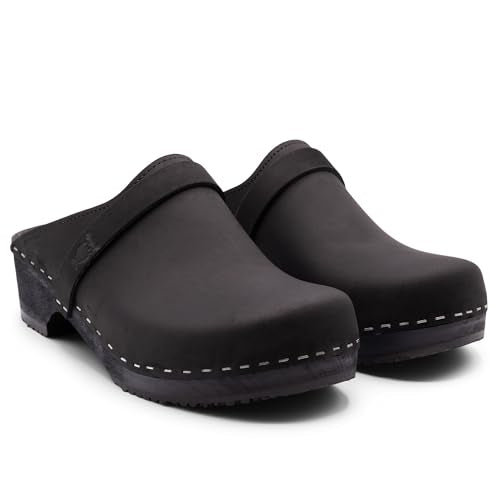 Sandgrens Handmade Swedish Wood Clogs for Women, Low Heel Mule US 5 | Tokyo Navy Nubuck LT, EU 36