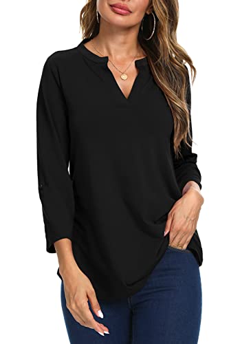 NILOUFO Womens Casual Summer Shirts Notch V Neck Blouses 3/4 Roll Sleeve Tops Tunics(Acid Blue, Medium)