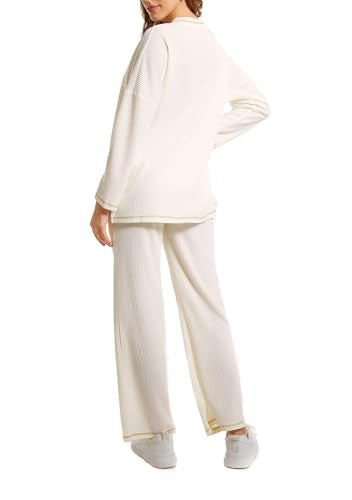 Becotal Lounge Sets for Women Waffle Knit Pajamas Set 2 Piece V Neck Top and Long Pant Cozy Sleepwear Loungewear Pjs Set Beige