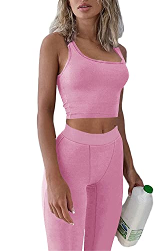 ZFLM Casual Workout Sets Two Piece Outfits for Women Ribbed Crop Tank Top High Waist Yoga Leggings Active Wear