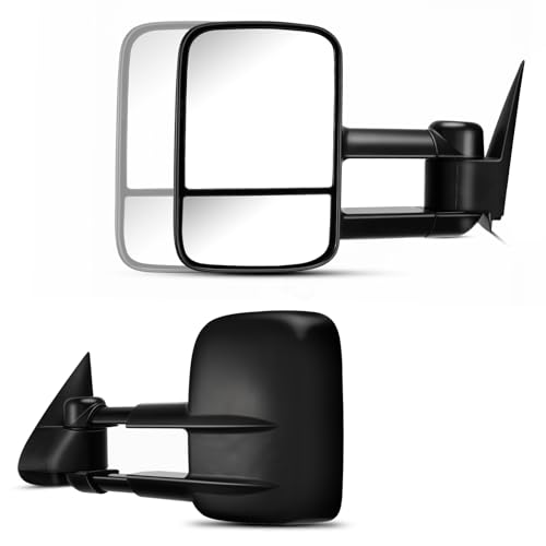 KAX Towing Mirrors Compatible with 1999-2002 Chevy Silverado GMC Sirra 1500 2500 3500 for Tahoe Suburban Avalanche, with Convex Glass Manual Controlling Telescoping Black Cap