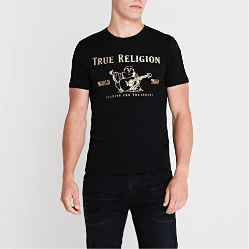 True Religion Men's Short Sleeve Metallic Buddha Tee, Black, S