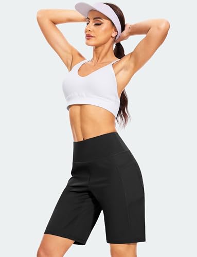 Blouty Women's 9" Bermuda Long Shorts with Pockets High Waisted Knee Length Shorts for Women Workout Athletic Casual (White Leaf, Medium)