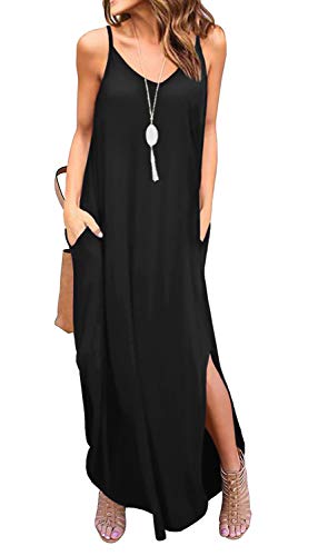 GRECERELLE Women's Summer Casual Loose Dress Spaghetti Strap Beach Cover Up Long Cami Polka Dot Casual Maxi Dress with Pocket Gypsophila Black Small